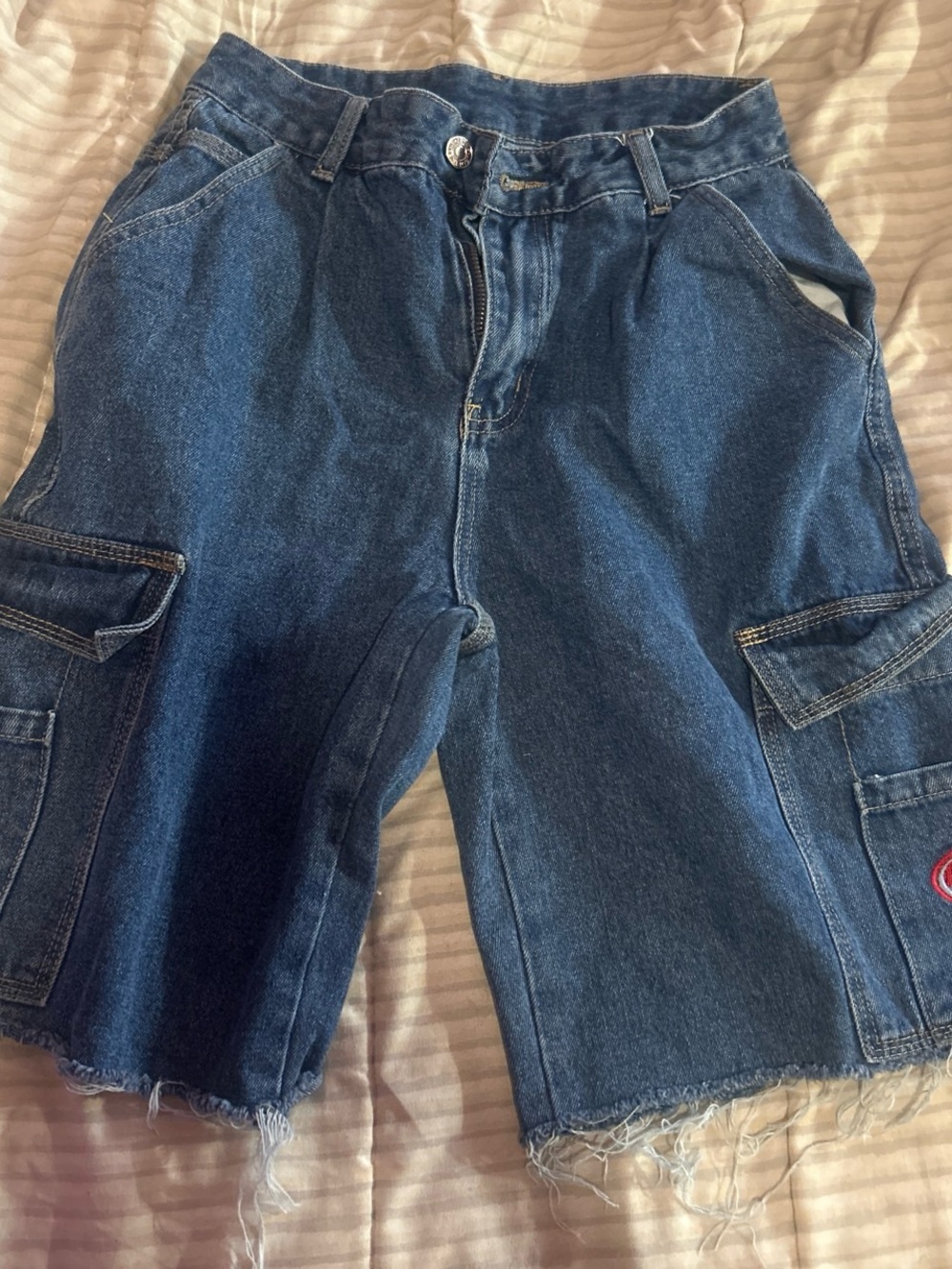 SHEIN Blue Denim Cargo Shorts with Frayed Hem